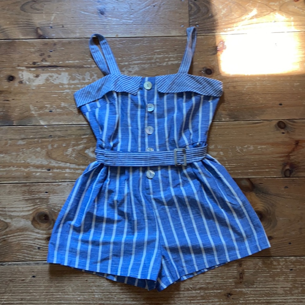 Blue & White striped romper (M)